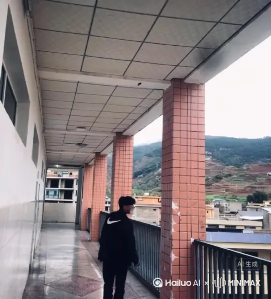 帮我生成一个视频：让图片中的场景动起来，人物变成无数颗粒消失在视频中向右吹，原比例.  比例16.9时长5秒模型高品质左移 右摇 跟随. by Hailuo AI Video Generator