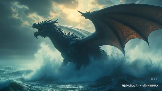 巨龙从海中升起的特写镜头，震撼视觉特效，电影级画面，出海后巨龙双目变为日月于空中盘旋，然后飞离， by Hailuo AI Video Generator