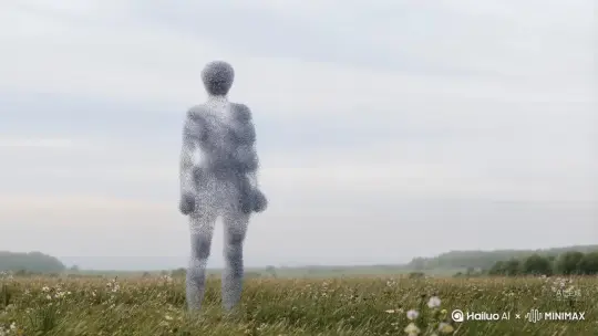 帮我生成一个视频：让图片中的场景动起来，人物变成无数灰色颗粒消失在视频中，向右吹走，原比例。比例 16:9，时长 5s，模型 高品质 by Hailuo AI Video Generator
