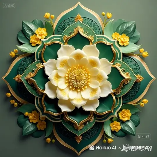 清平乐·观莲花浮雕
 
翠盘金络，莲绽瑶台廓。叠叶层花凝玉魄，似有香风轻掠。
 
黄英缀满枝桠，绿云环绕奇葩。佛国清辉漫洒，静参禅意无涯。[推出,上升,下摇] by Hailuo AI Video Generator