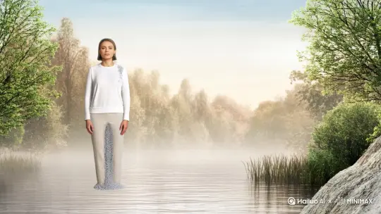 帮我生成一个视频：让图片中的场景动起来，人物变成无数灰色颗粒消失在视频中，向右吹走，原比例。比例 16:9，时长 5s，模型 高品质 by Hailuo AI Video Generator