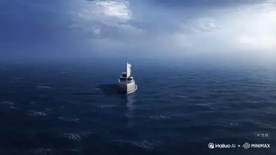 远景镜头，深蓝色海水，海面上有生成一艘简约科技感的轮船，船头朝镜头，海浪围绕船身，光影柔和，风格融合科技与自然，镜头缓缓向前推，船上升起简约图案旗帜（象征启航），旗帜逐渐遮挡整个镜头，画面从亮过渡到暗，旗帜材质轻盈，光影随遮挡变化。画面色调自然真实。 by Hailuo AI Video Generator