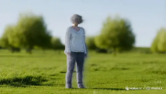 帮我生成一个让图片中的场景动起来，人物变成无数灰色颗粒消失在视频中，向右吹走，原比例。比例 16:9，时长 5s，模型 高品质 by Hailuo AI Video Generator