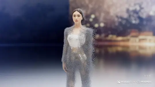 帮我生成一个视频：让图片中的场景动起来，人物变成无数灰色颗粒消失在视频中，向右吹走，原比例。比例 16:9，时长 5s，模型 高品质[右移,左摇,跟随] by Hailuo AI Video Generator