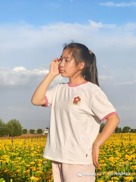 帮我生成帮我生成一个视频，让图片中的景象动起来，人物变成无数黄色的花瓣消失在视频中，向右吹走，原比例，比例16.9，时间5s模型高品质[右移,左摇,跟随] by Hailuo AI Video Generator