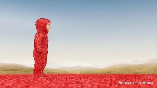 让图让图片中的场景人物动起来。人物变成无数红色花瓣消失在视频中向右吹走。原比例。 by Hailuo AI Video Generator