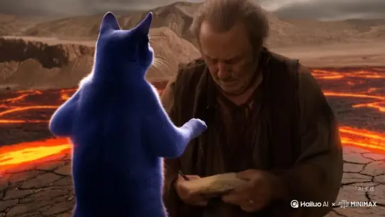 帮我生成一个蓝色的猫，人一样站起来，比较胖，然后旁边站着一个老人，那个老人非常穷，衣服破破烂烂，是沙漠和岩浆，正在写着欠条 by Hailuo AI Video Generator