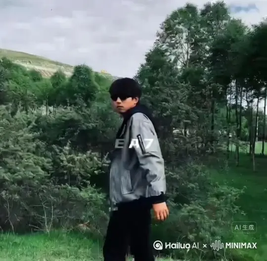 帮我生成一个视频：让图片中的场景动起来，人物变成无数红色花瓣颗粒消失在视频中，向右吹走，人物缓慢向前走，原比例。比例 16:9，时长 5s，模型 by Hailuo AI Video Generator