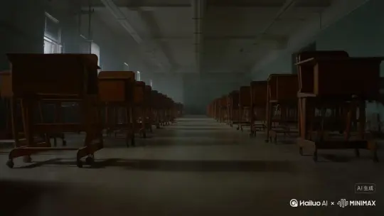 无尽的教室，昏暗，梦核，千禧年的风格，在教室一直走一直走 by Hailuo AI Video Generator