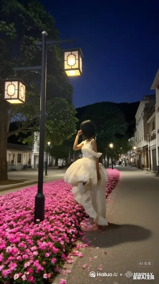 帮我生成一个视频：让图片中的场景动起来，人物变成无数花瓣[右移,跟随]消失在视频中，向右吹走，原比例。比例 16:9，时长 5s，模型 高品质 by Hailuo AI Video Generator