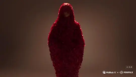 主体人物身上变出一大团微小深红色花瓣，花瓣向外爆炸式扩散，主体人物身体随之从四肢开始逐渐瓦解，化作无数红色粒子轻盈飘散，最终人物完全消散在漫天飞舞的花瓣中，人物完全消失，写实风格，电影光效 by Hailuo AI Video Generator