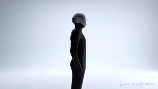 AsolitaryfigurecladinblackstandswithunwaveringresolvetheirprofilesetagainstapurewhitebackdropAmetallichelmetglimmersinsoftdiffusedlightcreatingasurrealatmosphereSuddenlyparticlesbegintopeelawayfromthefigureswirlinggentlybeforedissipatingintotheairleavingonlyafainttraceoftheirexistenceThesceneshiftsfromsolidrealitytofleetingillusioncreatingatensionbetweenthetangibleandthesublimeAsthelastremnantsfadecompletelyanlingeringsilenceenvelopsthespaceunderscoringthetransienceofexistenceandself by Hailuo AI Video Generator