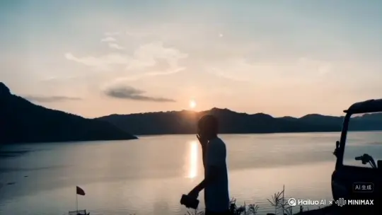 帮我生成一个视频：让图片中的场景动起来，人物变成无数红色颗粒消失在视频中，向右吹走，原比例。比例 16:9，时长 5s，模型 高品质[右移,左摇,跟随] by Hailuo AI Video Generator