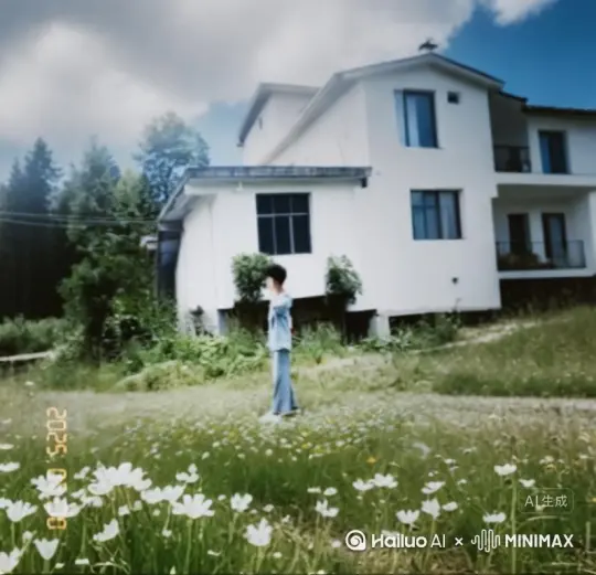帮我生成一个视频：让图片中的场景动起来，人物变成无数灰色颗粒消失在视频中，向右吹走，比例 16:9，时长 5s，模型 高品质 by Hailuo AI Video Generator