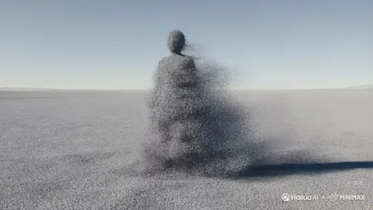 让图片中的场景动起来，人物变成无数灰色，沙尘消失在视频中向右吹走，沙尘数量只在人物慢慢中涌出，然后消失远比例模型高品质。[右移,左摇,跟随] by Hailuo AI Video Generator