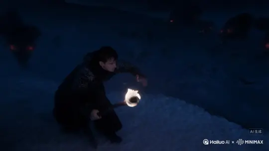 主题：一个青年在一个风雪的黑夜里举着火把，艰难沿着山道前行。火光只能照亮自身范围，四周全是黑暗，黑暗中影藏着红色和绿色的眼睛，还飘动着若隐若现的黑色身影

画面内容：
场景：一个青年在一个风雪的黑夜里举着火把，艰难沿着山道前行。火光只能照亮周围一米范围，四周全是黑暗，黑暗中影藏着无数红色和绿色的眼睛，还飘动着若隐若现的黑色身影
人物：一个青年，穿着黑色披风，披风上沾染雪花、微湿
关键动作：黑暗中影藏着几个红色和绿色的眼睛（红色和绿色有拖尾效果），还飘动着若隐若现的黑色巨大身影

运镜：
开场中景侧面拍摄青年前行，随后镜头右遥到人物面部特写，再立刻上拉到俯视全景镜头（青年在镜头中心），表现出周围围绕的眼睛和黑色身影，并不断上拉，最后显示出一座巨大的黑色高山

风格：写实风格

音效：
轻微的风声、伴随脚踩入深雪的声音，周围时不时传来听不清内容的低语声 by Hailuo AI Video Generator