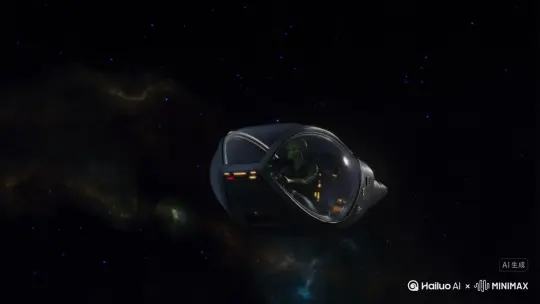 一个深绿人驾驶宇宙飞船在宇宙遨游，突然遭遇粒子风暴，导致落难到地球。 by Hailuo AI Video Generator
