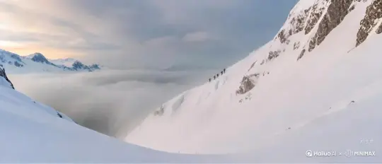 fpv镜头，镜头快速推镜头穿过前方的雪山，大雪纷飞，狂风呼啸，远处的登山者缓慢攀爬，镜头穿过山峰时被狂风吹起的雪遮住镜头。 by Hailuo AI Video Generator