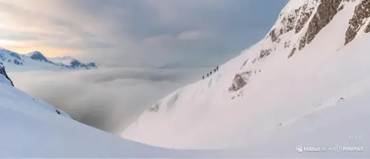 fpv镜头，[推进]镜头快速推镜头穿过前方的雪山，大雪纷飞，狂风呼啸，[推进]远处的登山者在原地缓慢攀登，镜头穿过登山者时，[推进]被狂风吹起的雪遮住镜头。 by Hailuo AI Video Generator
