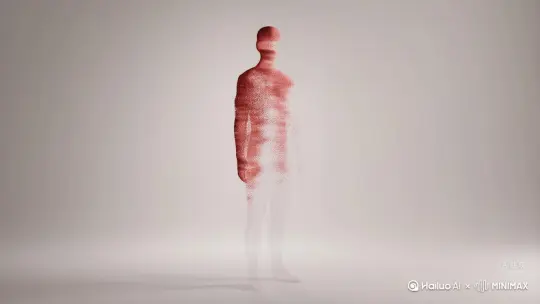 Without any warning,the figure's body begins to split into dull red particles, which should drift slowly ,instrad,of,emitting,to ensure that the disintegration looks smooth,consistent in scale and direction,without background distortion . by Hailuo AI Video Generator