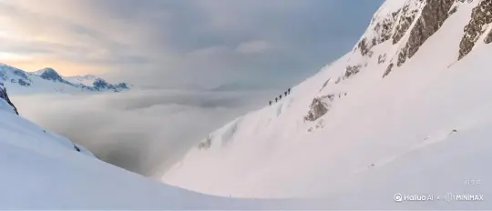fpv镜头，[推进]镜头快速推镜头穿过前方的雪山，大雪纷飞，狂风呼啸，[推进]远处的登山者在原地缓慢攀登，镜头穿过登山者后，[推进]被狂风吹起的雪遮住镜头。 by Hailuo AI Video Generator