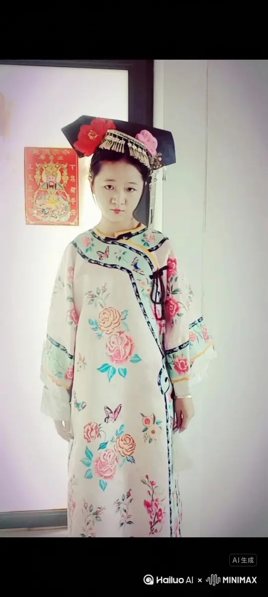 让图片中的人物向后转起来，人物变成无数红色花瓣消失在视频中，向右吹走，（沙尘数量只在人物漫漫中涌出，然后消失）原比例。模型 高品质 by Hailuo AI Video Generator
