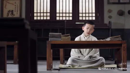 一个古代小男孩坐在私塾里面，大声朗读汉乐府《江南》，摇头晃脑，非常投入和有感情 by Hailuo AI Video Generator