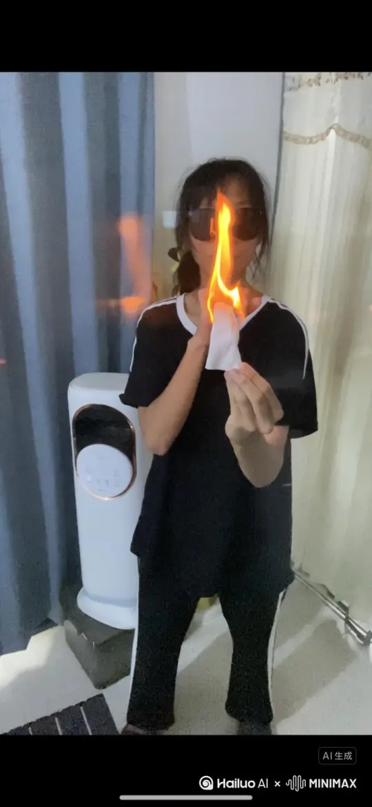 帮我生成一个视频：让图中的场景动起来，人物变成无数灰色火焰沙尘[右移,左摇,跟随]消失在视频中，向右吹走（火焰沙尘暴数量只在人物慢慢中涌出，然后消失）原比例。模型 高品质 by Hailuo AI Video Generator