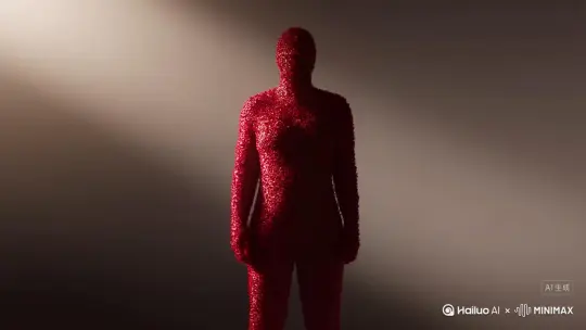 主体人物身上变出一大团微小深红色花瓣，花瓣向外爆炸式扩散，主体人物身体随之从四肢开始逐渐瓦解，化作无数红色粒子轻盈飘散，最终人物完全消散在漫天飞舞的花瓣中，人物完全消失，写实风格，电影光效 by Hailuo AI Video Generator