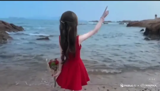 [右移,左摇,跟随]我生成一个视频：让图片中的场景动起来，人物变成无数灰色颗粒消失在视频中，向右吹走，原比例。比例 16:9，时长 5s，模型 高并且将图片变得高清 by Hailuo AI Video Generator