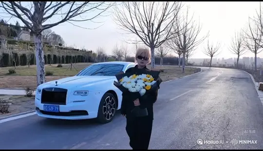 帮我生成一个视频：让图片中的场景动起来，人物变成无数红色玫瑰消失在视频中，向右吹走，原比例。比例 16:9，时长 5s，模型 高品质[右移,左摇,跟随] by Hailuo AI Video Generator