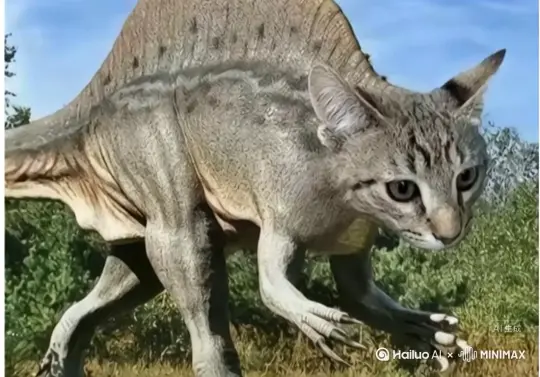 长着猫头的恐龙转身走近[左移,推进,右摇] by Hailuo AI Video Generator