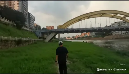 让图片中的场景动起来，人物变成无数灰色颗粒消失在视频中，向右吹走，原比例。比例 16:9，时长 5s，模型 高品质 by Hailuo AI Video Generator
