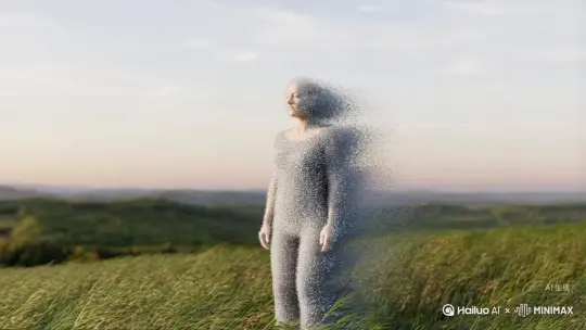 帮我生成一个视频：让图片中的场景动起来，人物变成无数灰色颗粒消失在视频中，向右吹走，原比例。比例 16:9，时长 5s，模型 高品质[右移,左摇,跟随] by Hailuo AI Video Generator