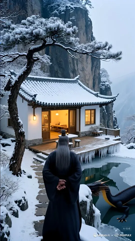 风吹过，松树上飘落纷纷雪花，以中国黑龙的头为焦点，镜头缓缓推近，呆萌小黑龙抬起头，头靠近老人手肘部位置，乖萌的大眼睛看着老人，老人伸出手抚摸着黑龙的头，黑龙亲昵的头蹭着老人的手， by Hailuo AI Video Generator