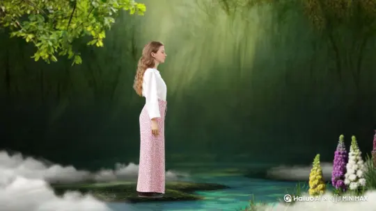 帮我生成一个视频：让图片中的场景动起来，人物变成无数花朵颗粒消失在视频中，向右吹走，原比例。比例 16:9，时长 5s，模型 高品质 by Hailuo AI Video Generator