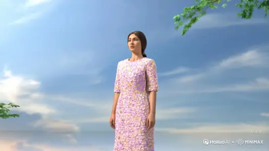 帮我生成一个视频：让图片中的场景动起来，人物变成无数花朵颗粒消失在视频中，向右吹走，原比例。比例 16:9，时长 5s，模型 高品质[推出,上升,下摇] by Hailuo AI Video Generator