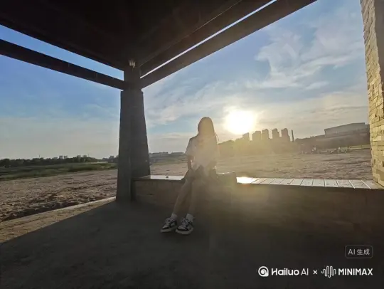 帮我生成一个视频：让图片中的场景动起来，人物变成无数灰色颗粒消失在视频中，向右吹走，原比例。比例 16:9，时长 5s，模型 高品质 by Hailuo AI Video Generator