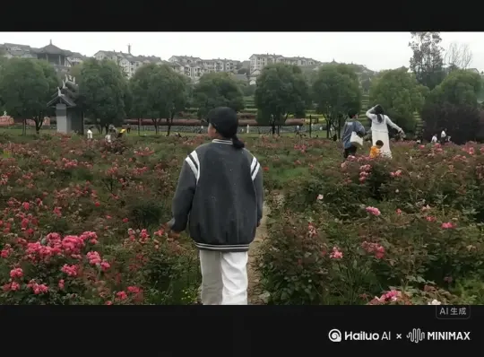 帮我生成一个视频：让图片中的场景动起来，人物变成无数红色玫瑰花在视频中，向右吹走，原比例。比例 16:9，时长 5s，模型 高品质 by Hailuo AI Video Generator