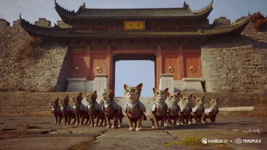 11只可爱的豹猫身披战甲来到北京城门前。 by Hailuo AI Video Generator