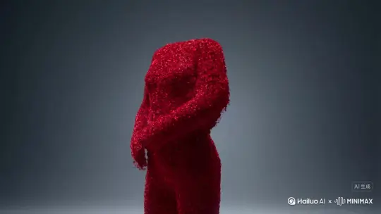 主体人物身上变出一大团微小深红色花瓣，花瓣向外爆炸式扩散，主体人物身体随之从四肢开始逐渐瓦解，化作无数红色粒子轻盈飘散，最终人物完全消散在漫天飞舞的花瓣中，人物完全消失，写实风格，电影光效 by Hailuo AI Video Generator