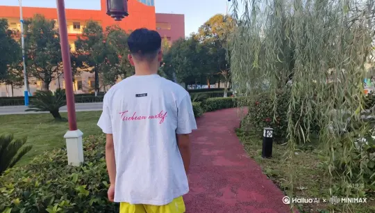 帮我生成一个视频：让图片中的场景动起来，一定要流动起来，人物快速变成无数红色颗粒缓慢向右吹走消失在视频中，原比例。比例 16:9，时长 5s，模型 高品质[推出,上升,下摇] by Hailuo AI Video Generator