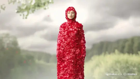 帮我生成一个视频：让图片中的场景动起来，人物变成无数玫瑰花瓣瞬间炸开之后人物消失在视频中，向右大片吹去，原比例。比例 16:9，时长 5s，模型 高品质[推出,上升,下摇][右移,左摇,跟随] by Hailuo AI Video Generator