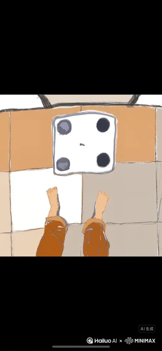 图中双脚站上体重器，高兴的又跳了下来。 by Hailuo AI Video Generator