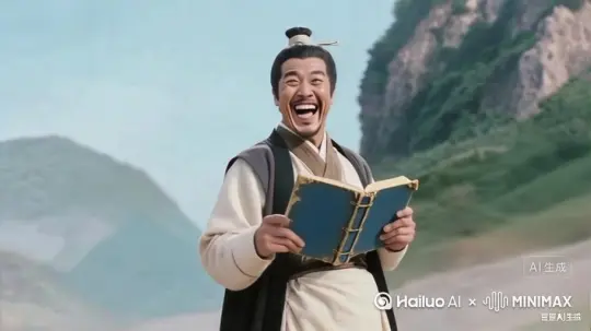 人物笑完后低头看了看书籍，表情被吓傻。非常滑稽 by Hailuo AI Video Generator