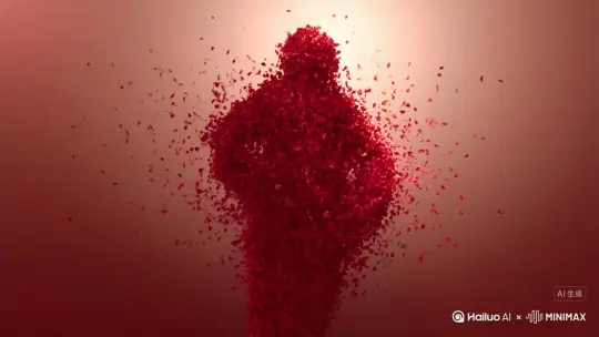 主体人物身上变出一大团微小深红色花瓣，花瓣向外爆炸式扩散，主体人物身体随之从四肢开始逐渐瓦解，化作无数红色粒子轻盈飘散，最终人物完全消散在漫天飞舞的花瓣中，人物完全消失，写实风格，电影光效 by Hailuo AI Video Generator