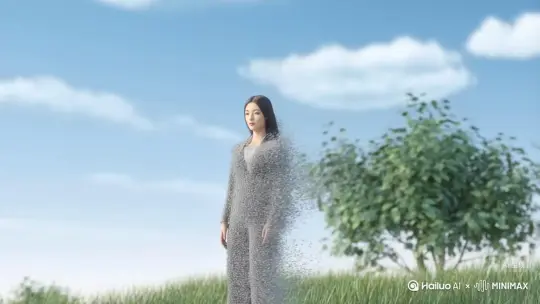 帮我生成一个视频：让图片中的场景动起来，人物变成无数灰色颗粒消失在视频中，向右吹走，原比例。比例 16:9，时长 5s，模型 高品质[右移,左摇,跟随] by Hailuo AI Video Generator