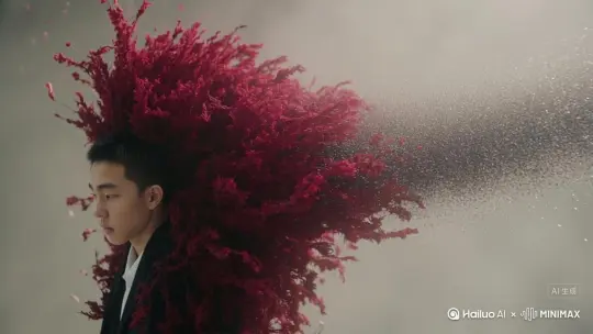 这个帮我生成一个视频：让图片中的场景动起来，人物变成无数灰色颗粒消失在视频中，向右吹走，原比例。比例 16:9，时长 5s，模型 高品质 by Hailuo AI Video Generator