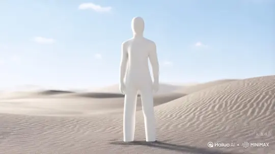 [右移,左摇,跟随]帮我生成一个视频：让图片中的场景动起来，人物变成无数灰色沙尘消失在视频中，向右吹走（沙城数量只在人物中慢慢涌现，然后消失）   原比例。模型  高画质 by Hailuo AI Video Generator