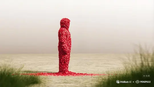 帮我生成一个视频：让图片中的场景动起来，人物变成无数红色花瓣消失在视频中，向右吹走，原比例。比例 16:9，时长 5s，模型 高品质 by Hailuo AI Video Generator